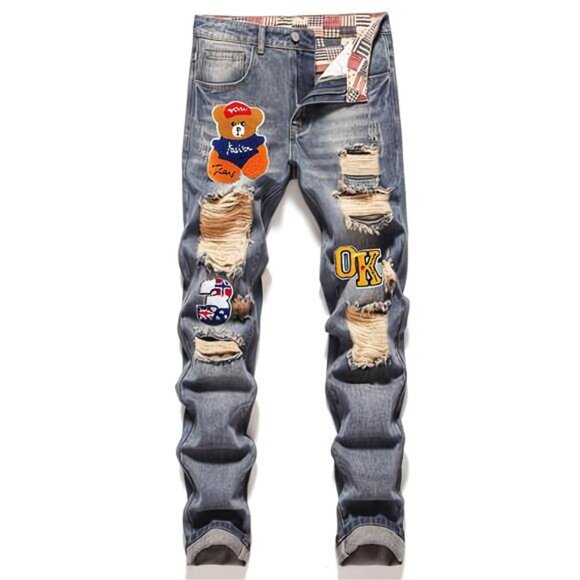 NWT Men's Distressed Jeans with Bear & Patchwork Details - Picture 1 of 7